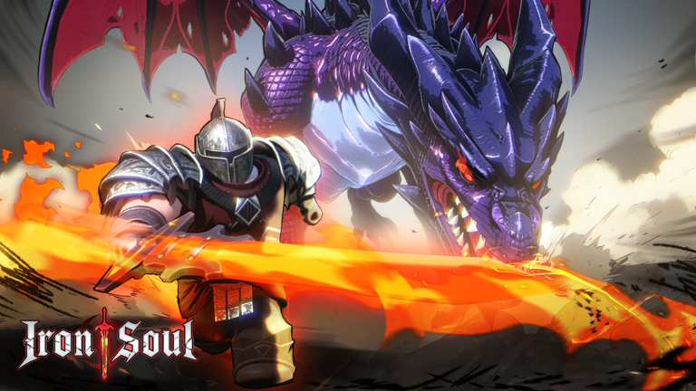 Iron Soul Dungeon key art: an armored knight lunging at a purple dragon with a blazing sword