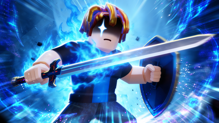 Iron Soul Dungeon character holding a blue-flaming sword and a round shield